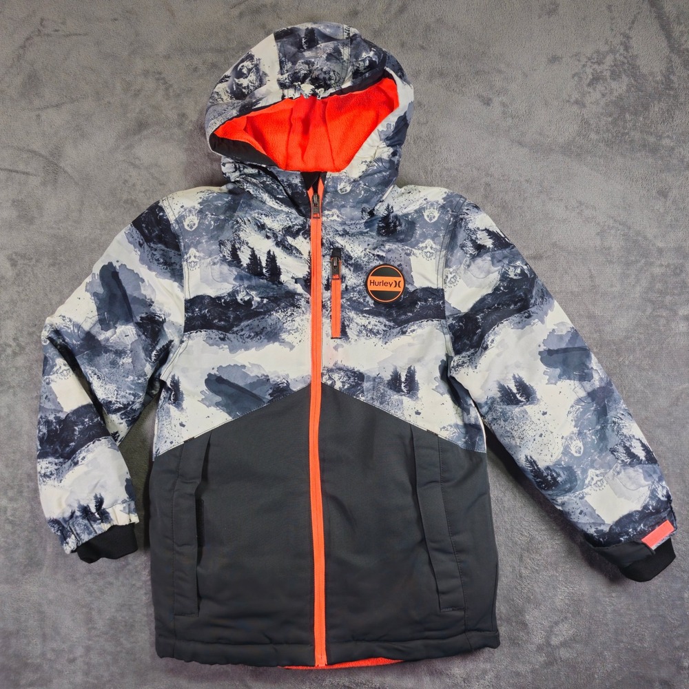 Hurley Puffer Jacket Kids Size S 7/8 Grey Mountain Print Hooded Full Zip Coat